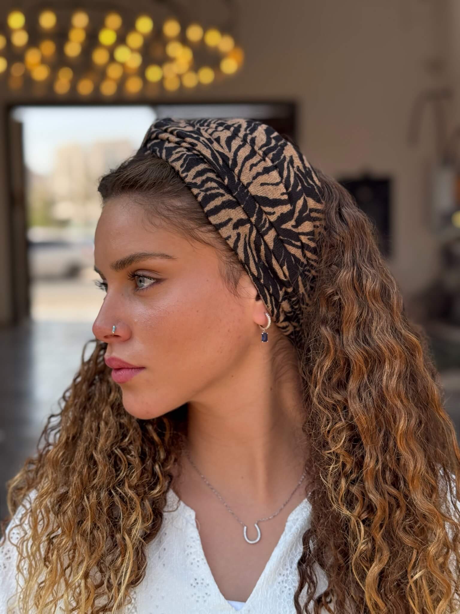 סרט לשיער בד סריג זברה שחור וקאמל