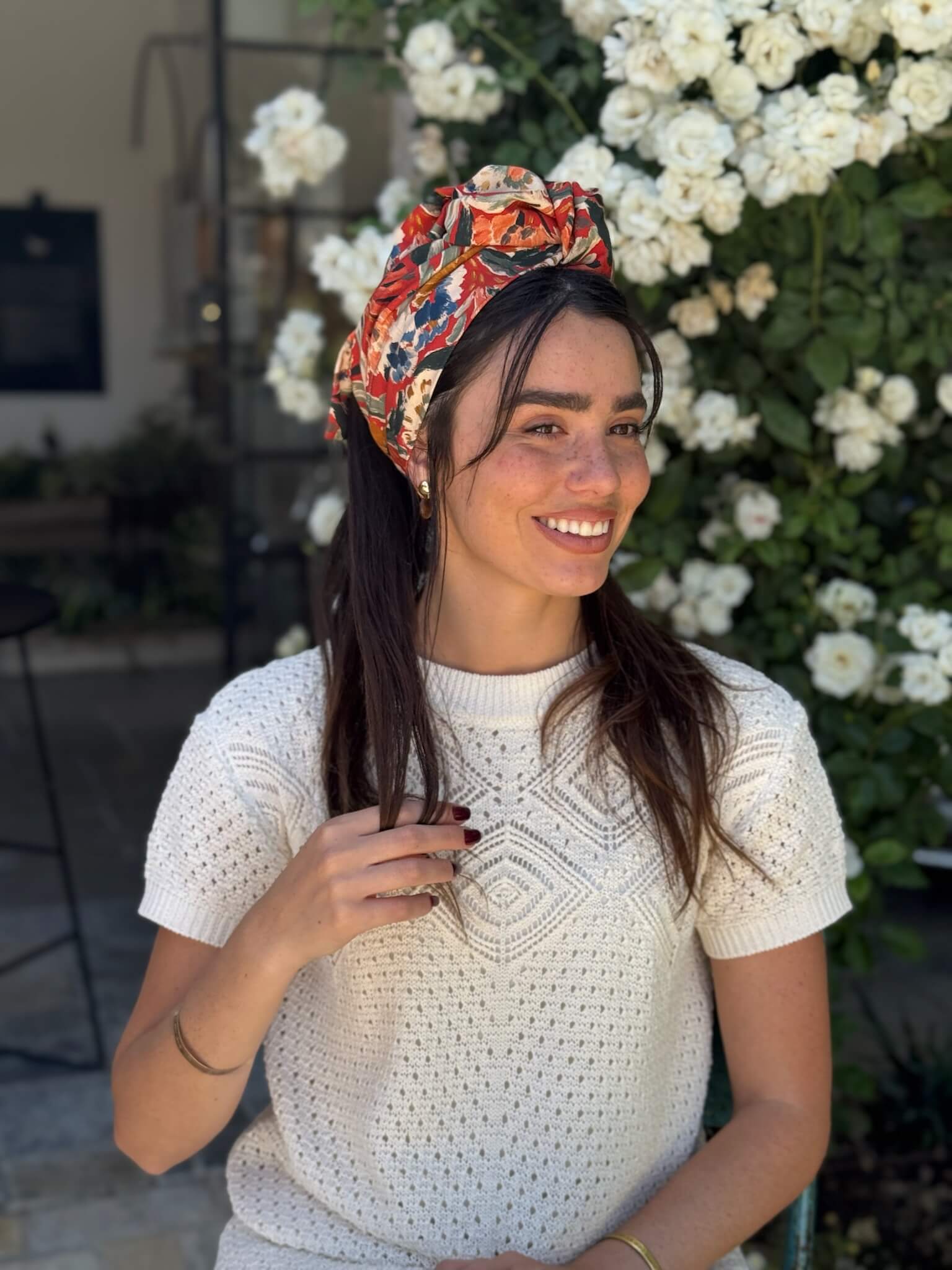 סרט קשירה לשיער בד דמוי פשתן פירחוני בגווני אדום קורל כחול רויאל חרדל וירוק מרווה