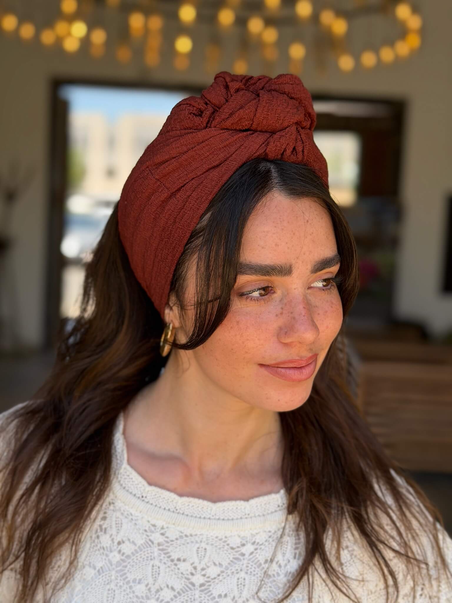 סרט קשירה לשיער בד בועות חמרה אדמה כהה