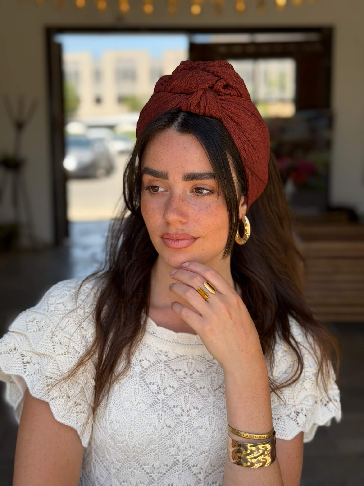 סרט קשירה לשיער בד בועות חמרה אדמה כהה
