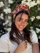 סרט קשירה לשיער בד דמוי פשתן פירחוני בגווני אדום קורל כחול רויאל חרדל וירוק מרווה