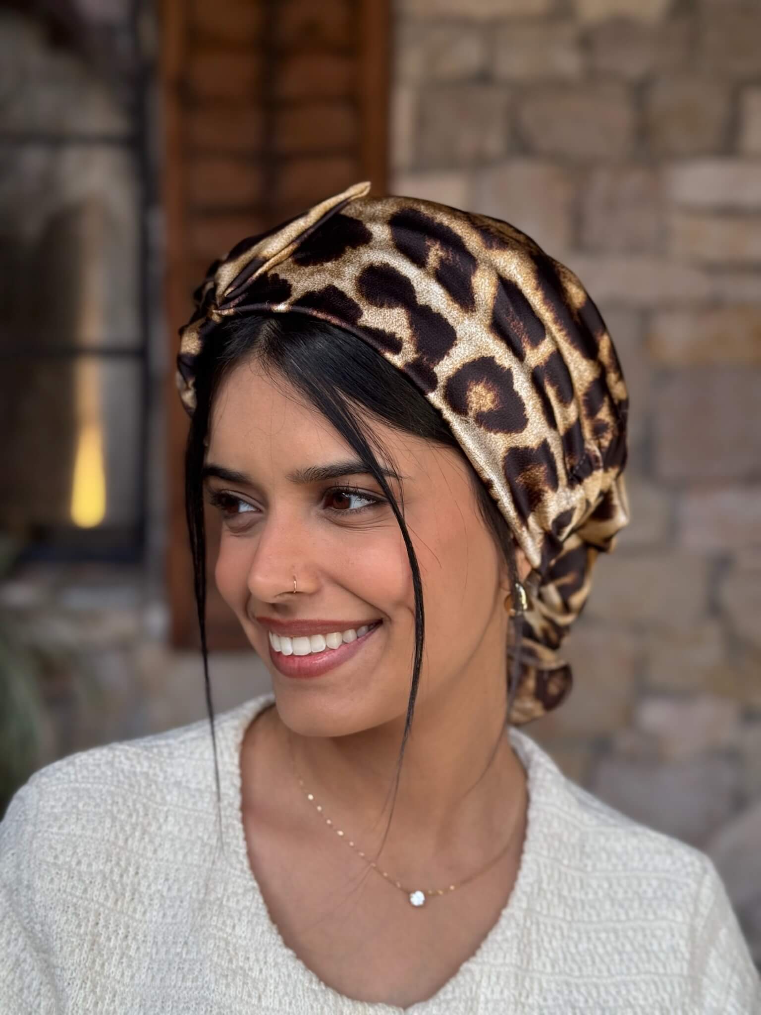 מטפחת ראש שיפון מנומר  חום קלאסי