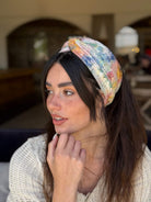 מיני טורבן שיפון עם פייט זהב עדין פירחוני מעושן צבעי פסטל